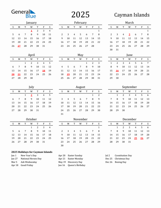 Cayman Islands Holidays Calendar for 2025