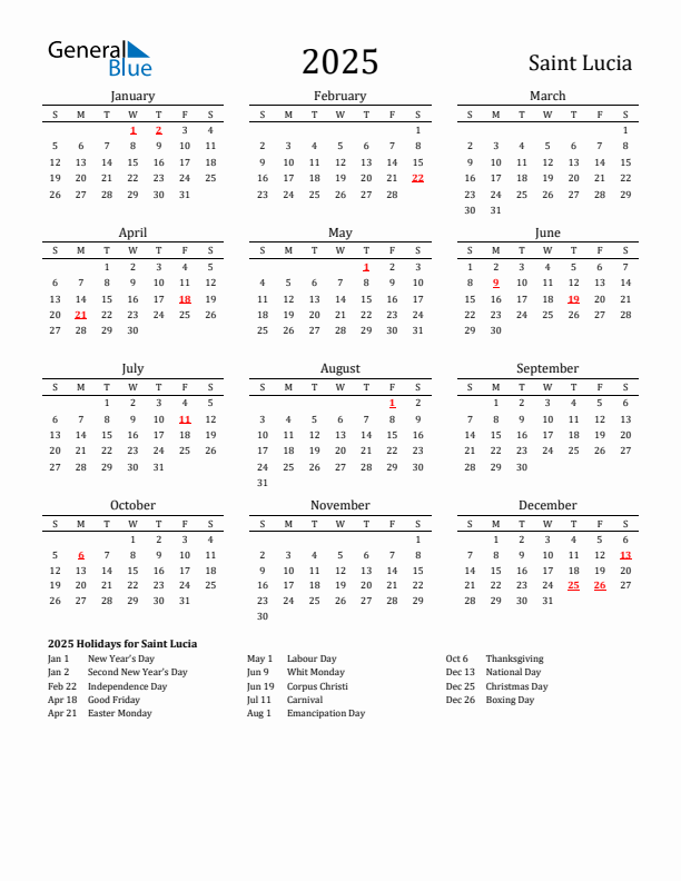 Saint Lucia Holidays Calendar for 2025