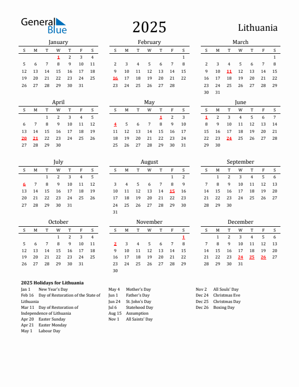 Lithuania Holidays Calendar for 2025