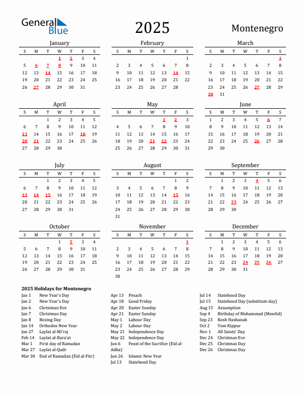 Montenegro Holidays Calendar for 2025