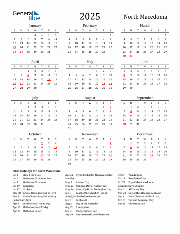 North Macedonia Holidays Calendar for 2025