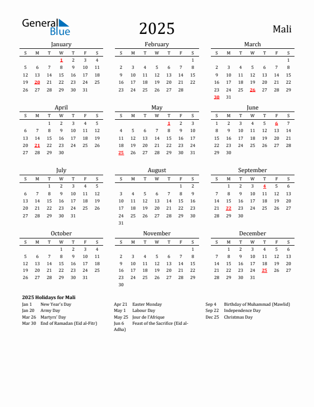 Mali Holidays Calendar for 2025