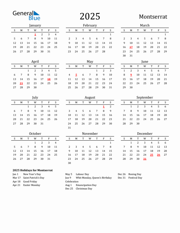 Montserrat Holidays Calendar for 2025