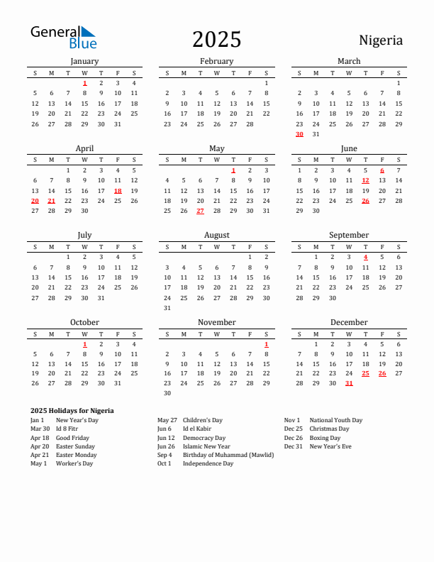 Nigeria Holidays Calendar for 2025