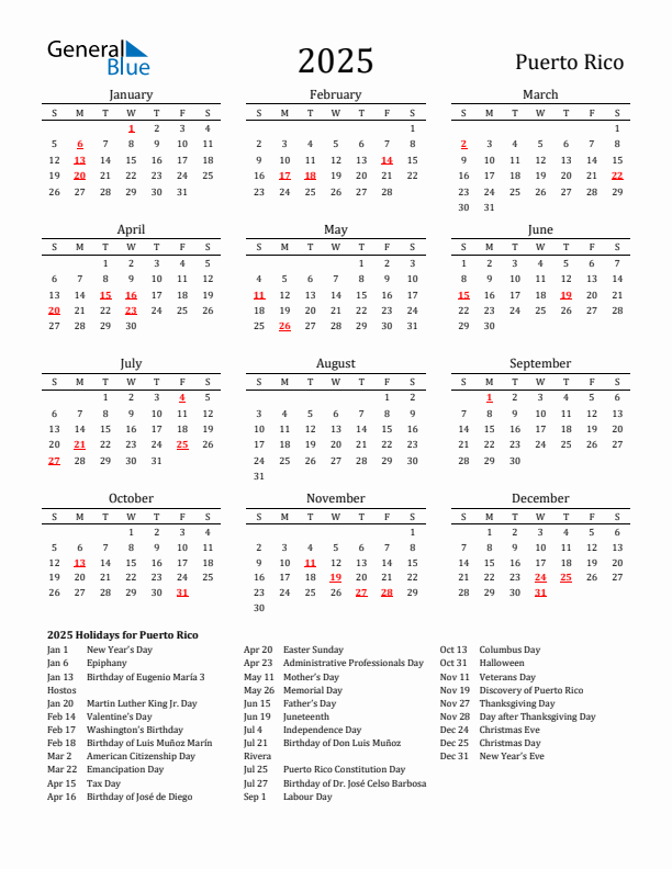 Puerto Rico Holidays Calendar for 2025