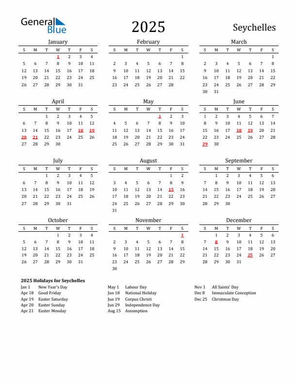 Seychelles Holidays Calendar for 2025