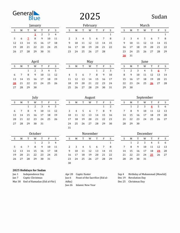 Sudan Holidays Calendar for 2025
