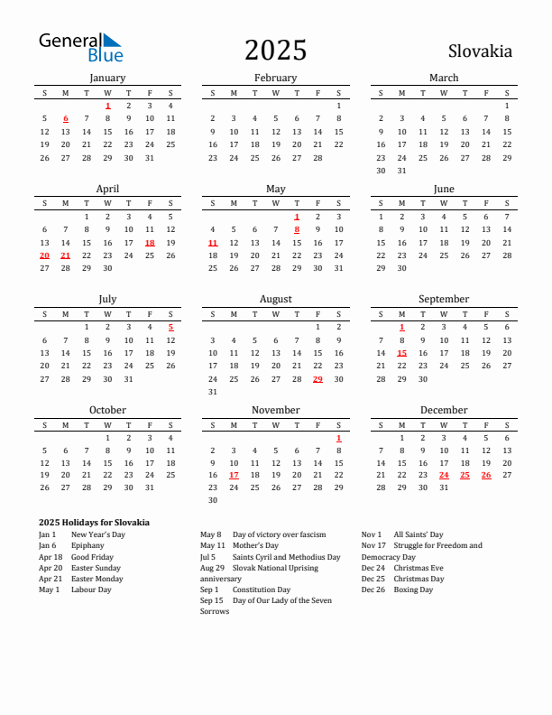 Slovakia Holidays Calendar for 2025