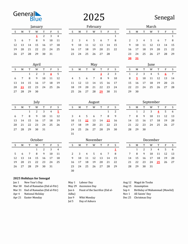 Senegal Holidays Calendar for 2025
