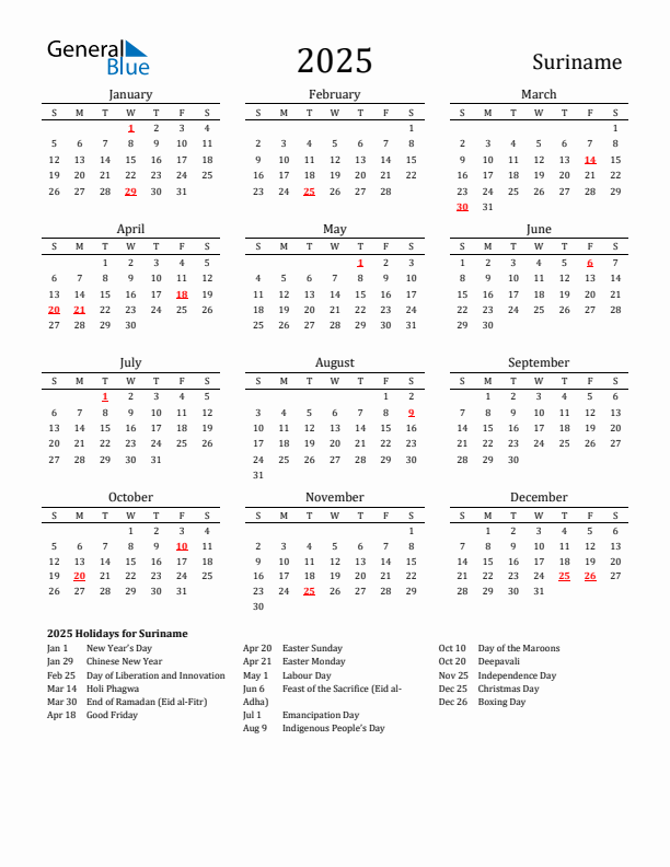Suriname Holidays Calendar for 2025