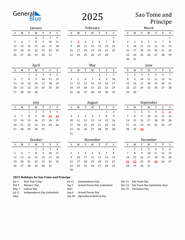 Sao Tome and Principe Holidays Calendar for 2025