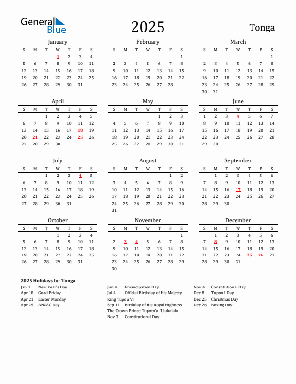 Tonga Holidays Calendar for 2025