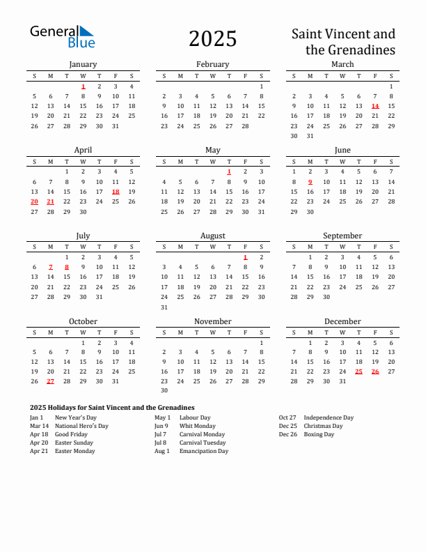Saint Vincent and the Grenadines Holidays Calendar for 2025
