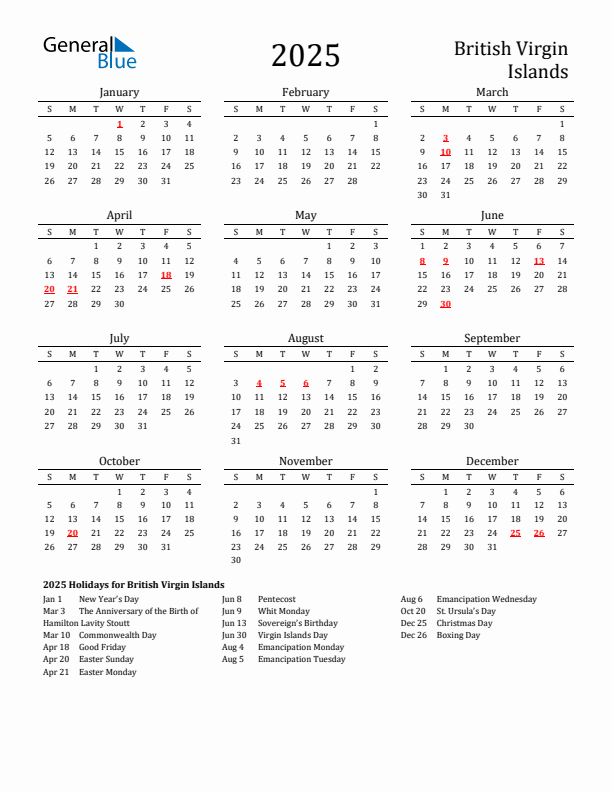 British Virgin Islands Holidays Calendar for 2025