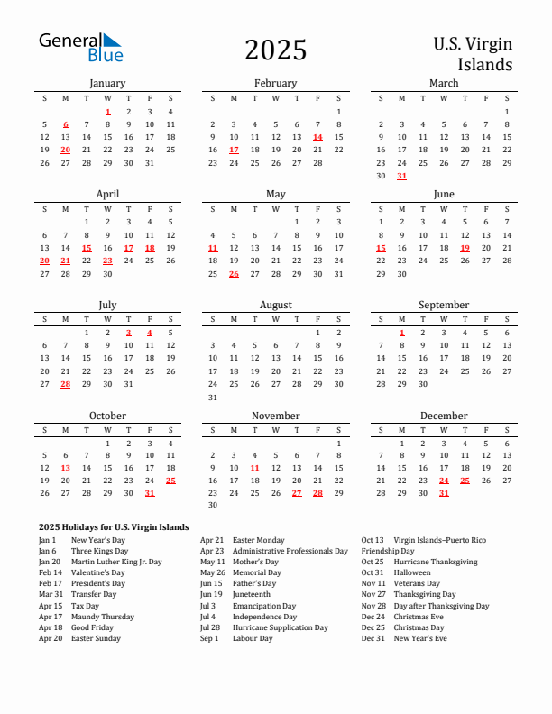 U.S. Virgin Islands Holidays Calendar for 2025