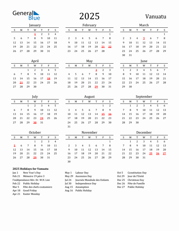 Vanuatu Holidays Calendar for 2025