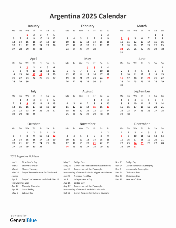 2025 Yearly Calendar Printable With Argentina Holidays
