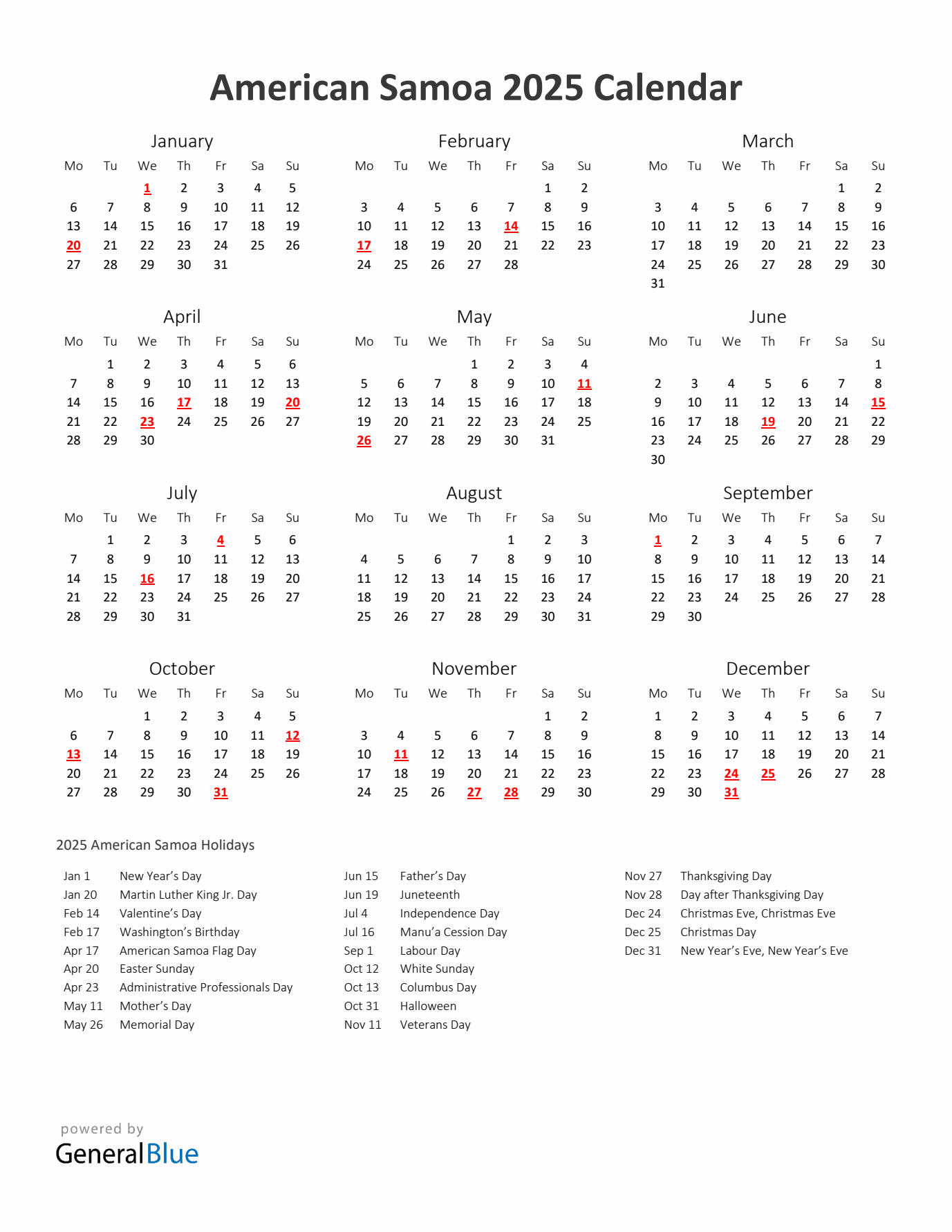2025 Yearly Calendar Printable With American Samoa Holidays