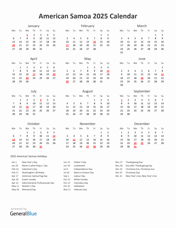 2025 Yearly Calendar Printable With American Samoa Holidays
