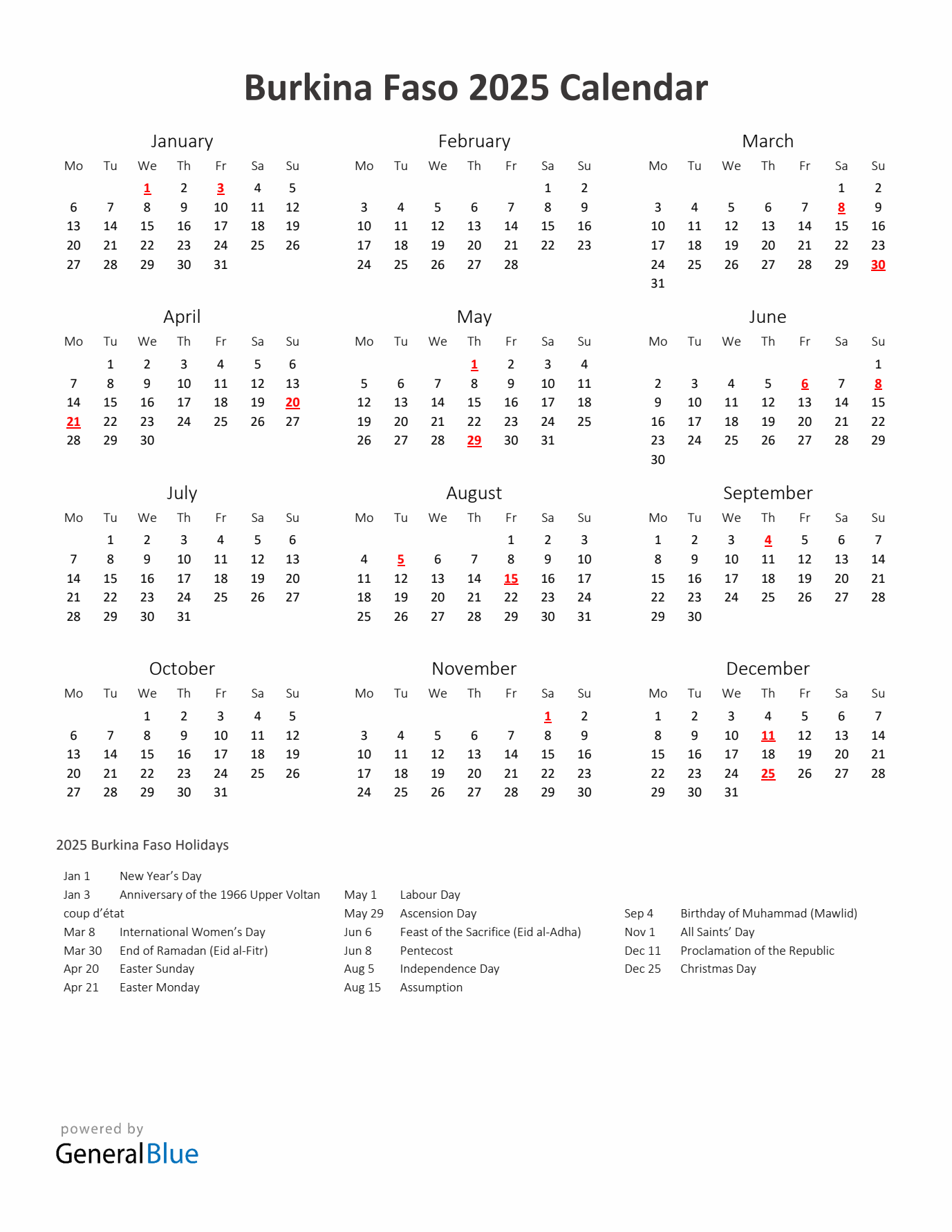 2025 Yearly Calendar Printable With Burkina Faso Holidays