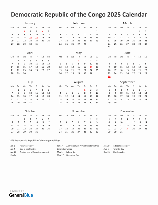 2025 Yearly Calendar Printable With Democratic Republic of the Congo Holidays
