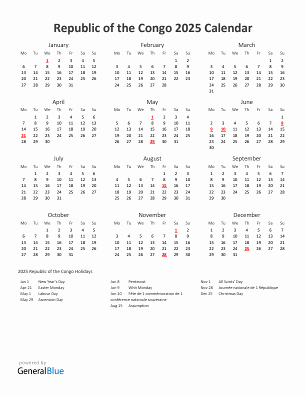 2025 Yearly Calendar Printable With Republic of the Congo Holidays