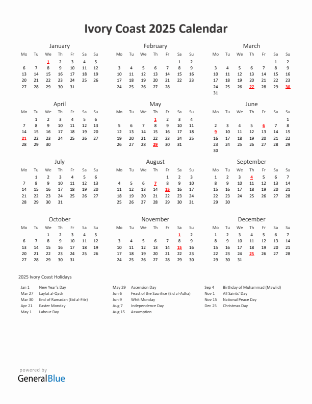 2025 Yearly Calendar Printable With Ivory Coast Holidays