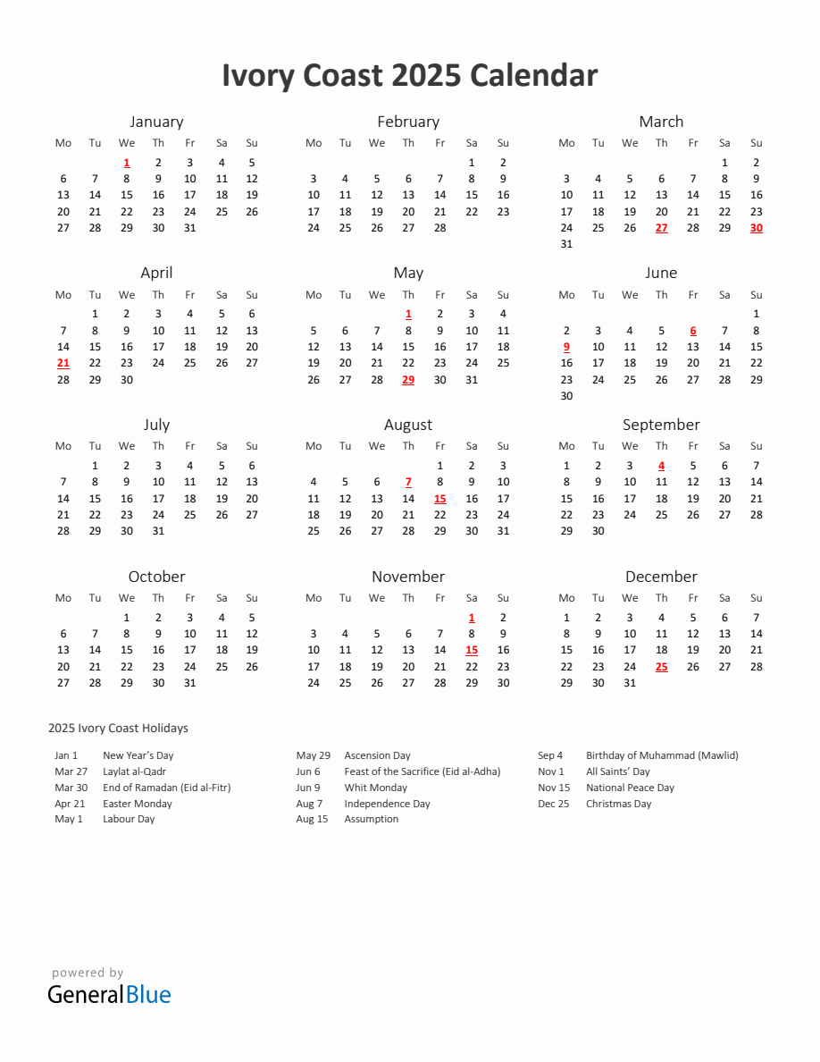 2025 Yearly Calendar Printable With Ivory Coast Holidays - Monday Start