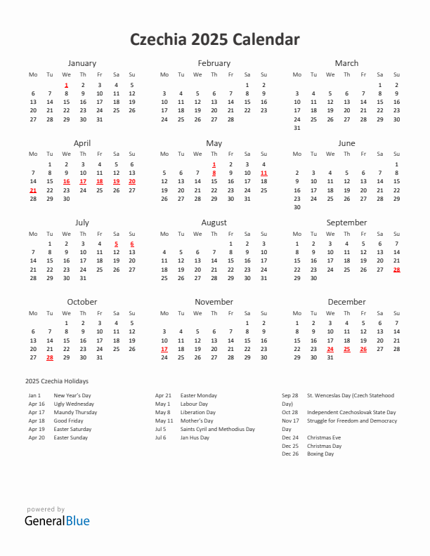 2025 Yearly Calendar Printable With Czechia Holidays