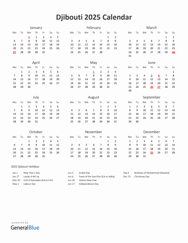 2025 Yearly Calendar Printable With Djibouti Holidays