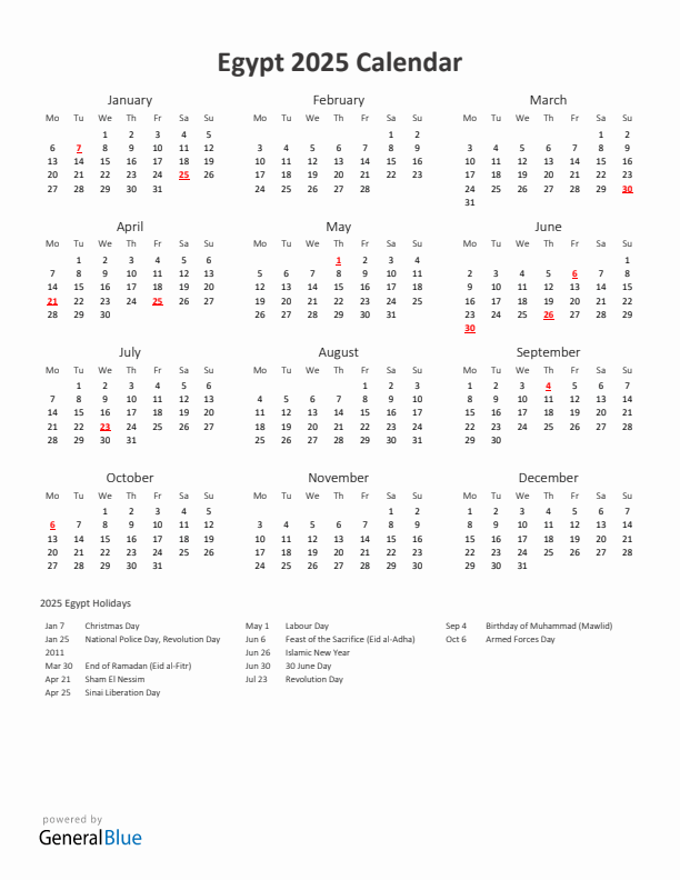 2025 Yearly Calendar Printable With Egypt Holidays