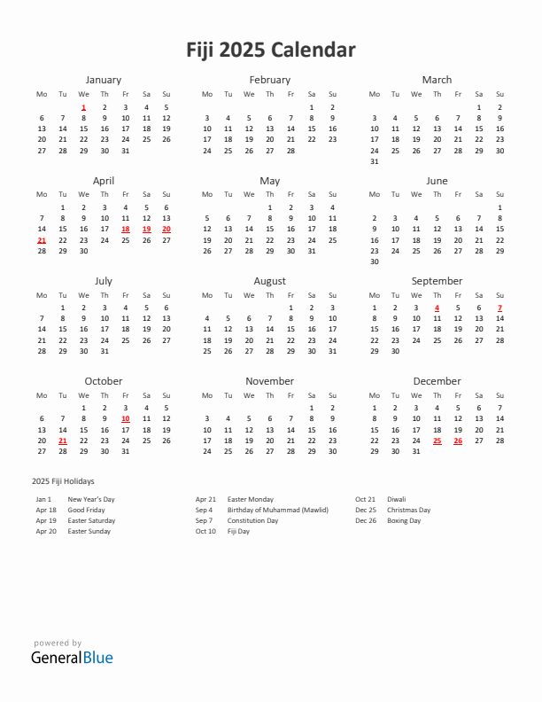 2025 Yearly Calendar Printable With Fiji Holidays
