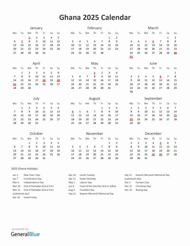 2025 Yearly Calendar Printable With Ghana Holidays