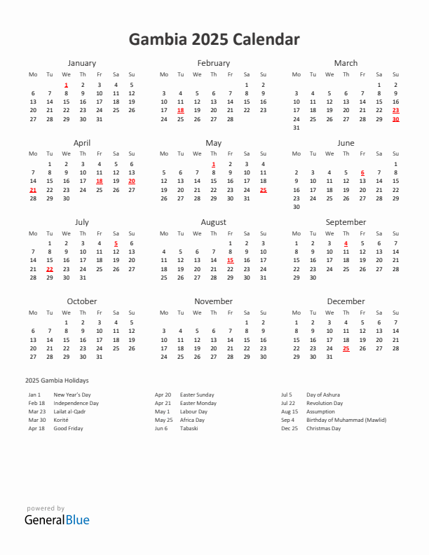 2025 Yearly Calendar Printable With Gambia Holidays
