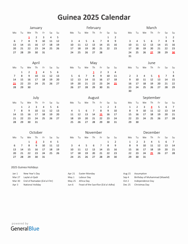2025 Yearly Calendar Printable With Guinea Holidays