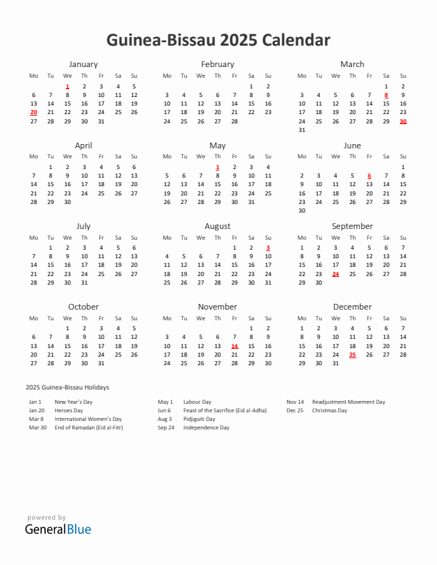 2025 Yearly Calendar Printable With Guinea-Bissau Holidays