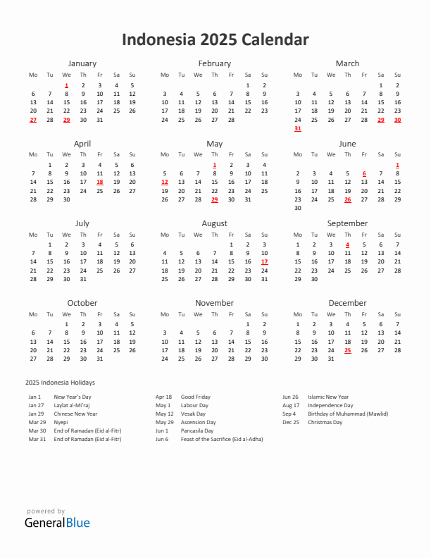 2025 Yearly Calendar Printable With Indonesia Holidays