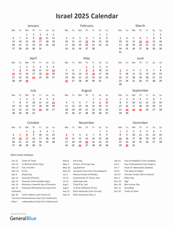 2025 Yearly Calendar Printable With Israel Holidays