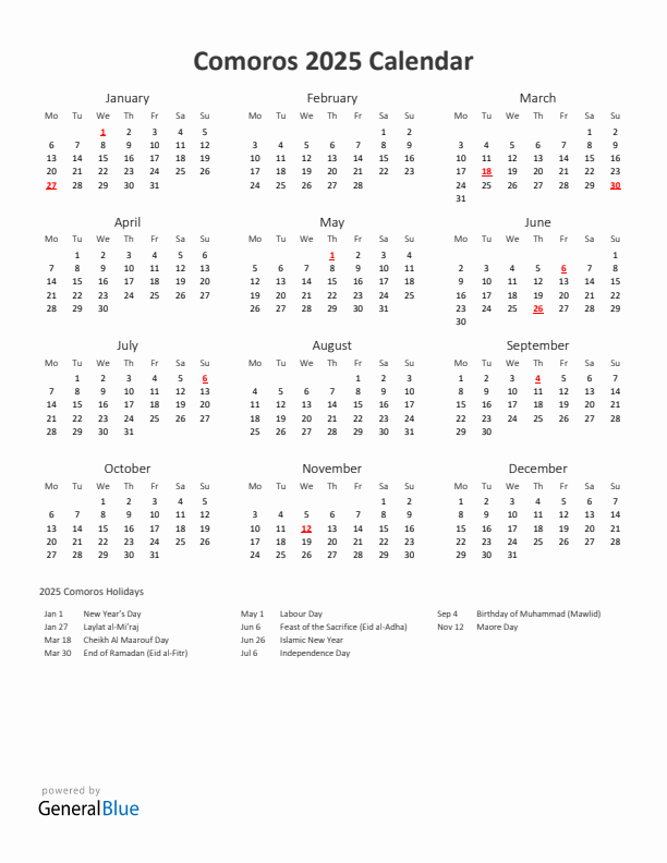 2025 Yearly Calendar Printable With Comoros Holidays
