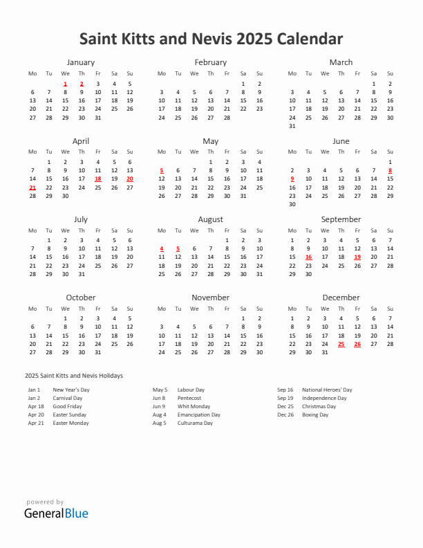2025 Yearly Calendar Printable With Saint Kitts and Nevis Holidays