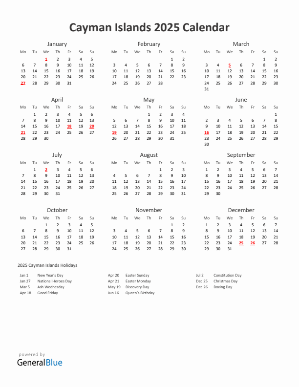 2025 Yearly Calendar Printable With Cayman Islands Holidays