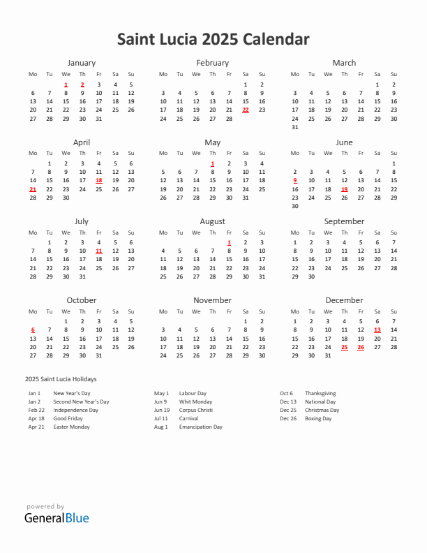 2025 Yearly Calendar Printable With Saint Lucia Holidays