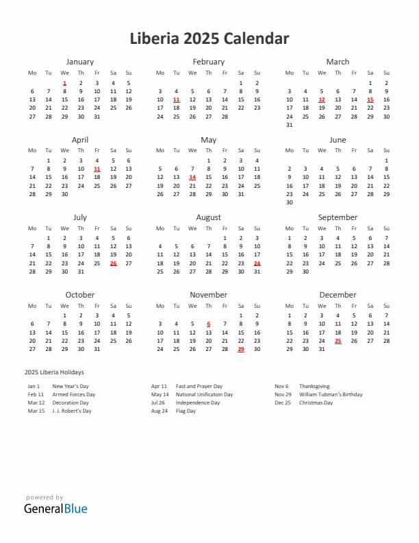 2025 Yearly Calendar Printable With Liberia Holidays