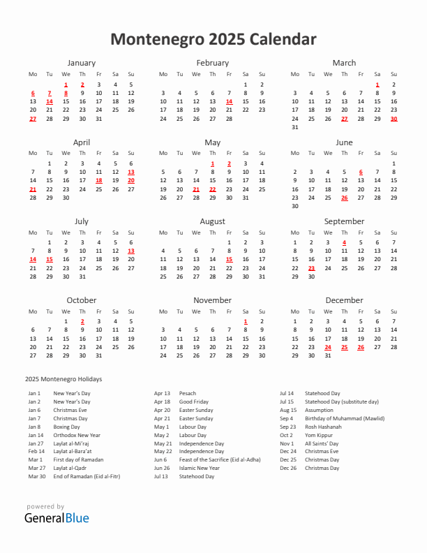 2025 Yearly Calendar Printable With Montenegro Holidays