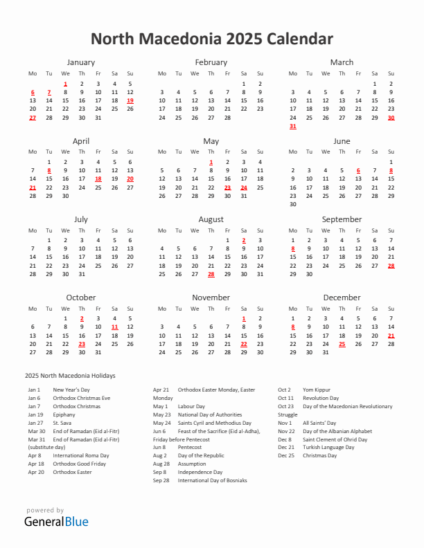 2025 Yearly Calendar Printable With North Macedonia Holidays