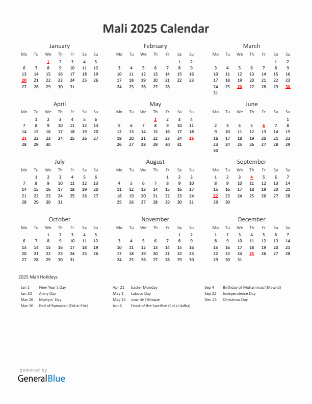 2025 Yearly Calendar Printable With Mali Holidays