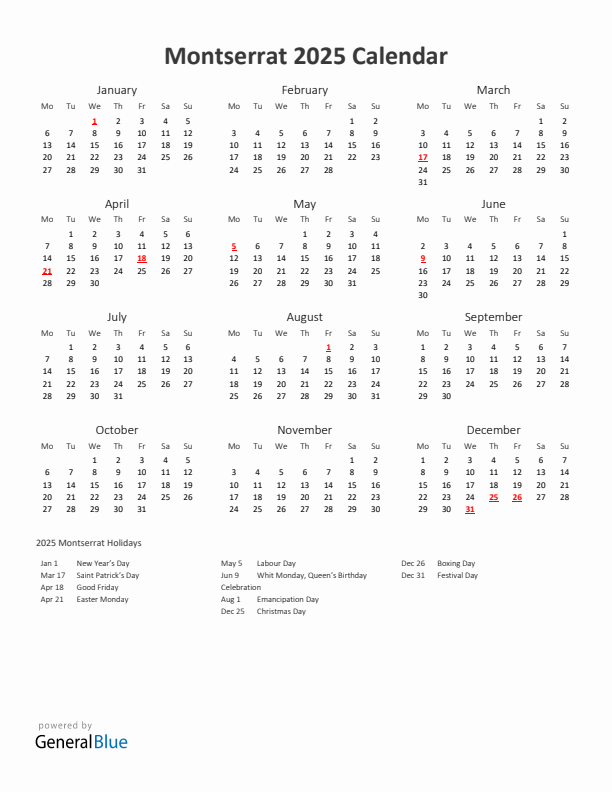 2025 Yearly Calendar Printable With Montserrat Holidays