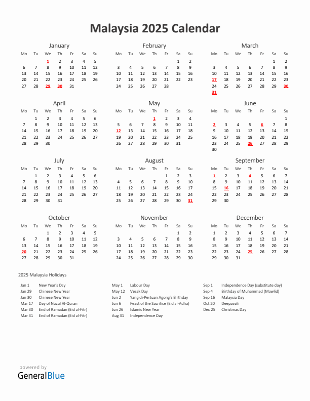 2025 Yearly Calendar Printable With Malaysia Holidays