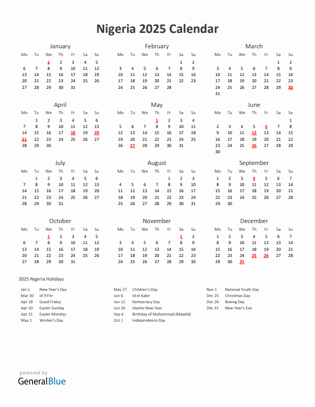 2025 Yearly Calendar Printable With Nigeria Holidays