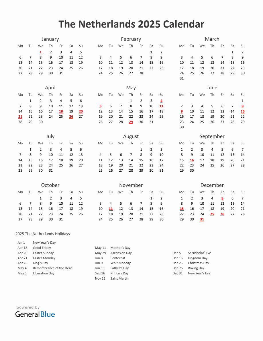 2025 Yearly Calendar Printable With The Netherlands Holidays - Monday Start